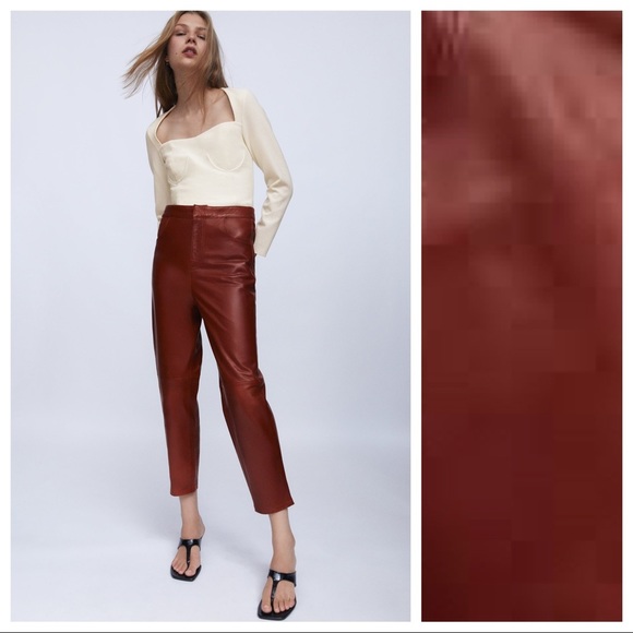 NWT. Zara Limited Edition Brown Leather Pants/Trousers. Size L.